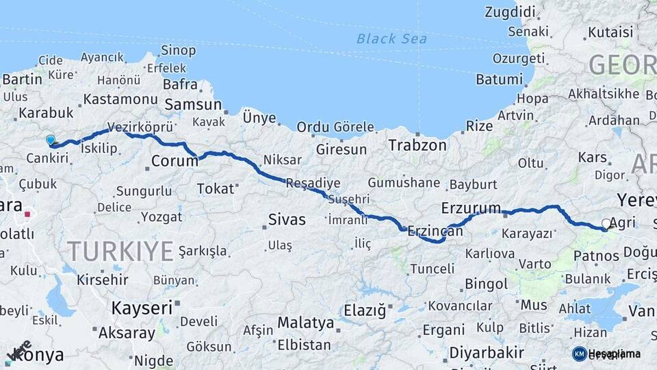 Çankırı Kurşunlu Ağrı Arası Kaç Km - Yol Haritası