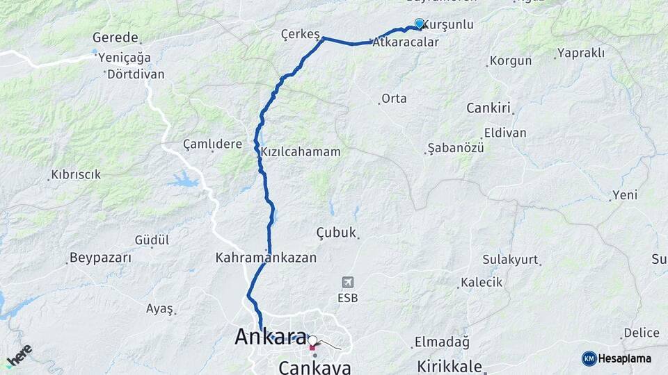 Çankırı Kurşunlu Ankara Arası Kaç Km - Yol Haritası