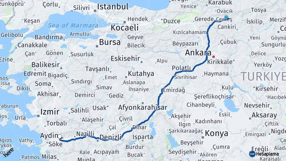 Çankırı Kurşunlu Aydın Arası Kaç Km - Yol Haritası