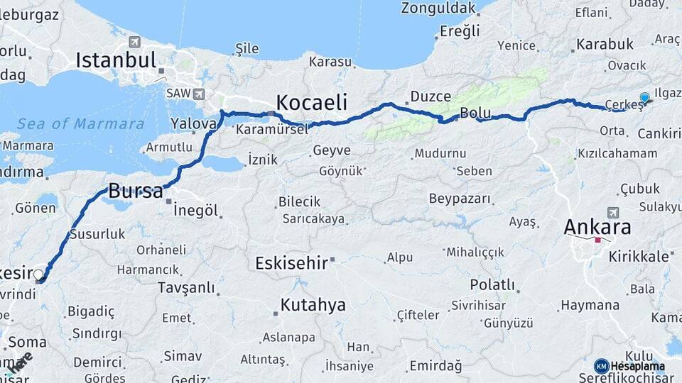 Çankırı Kurşunlu Balıkesir Arası Kaç Km - Yol Haritası