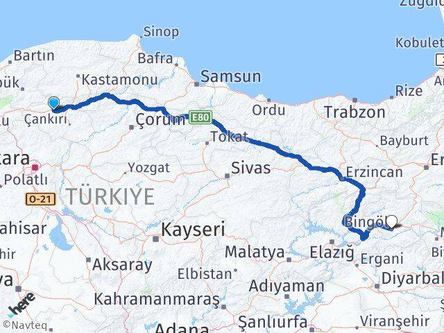 Çankırı Kurşunlu Bingöl Arası Kaç Km - Yol Haritası