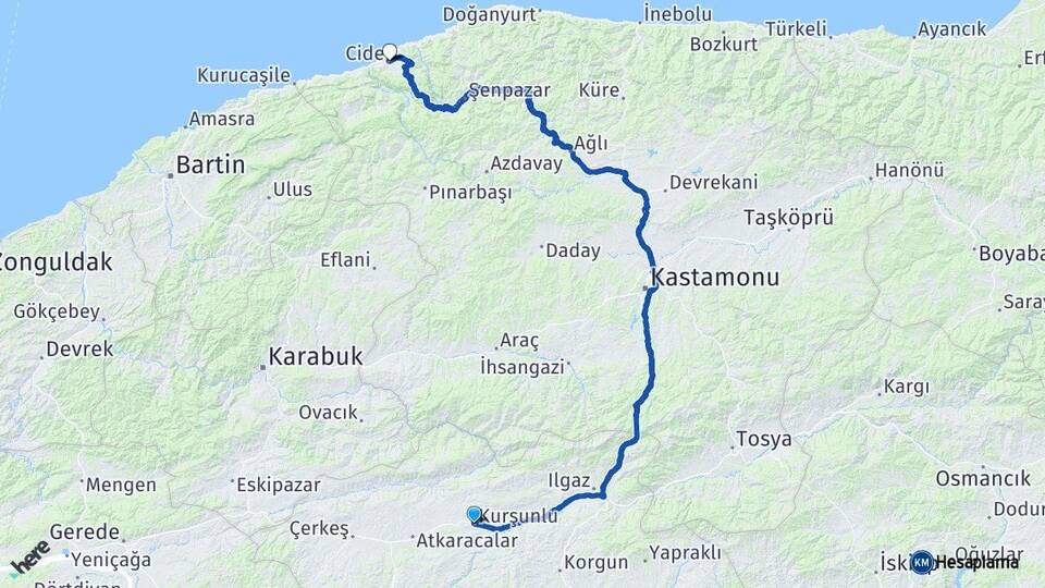 Çankırı Kurşunlu Cide Kastamonu Arası Kaç Km - Yol Haritası
