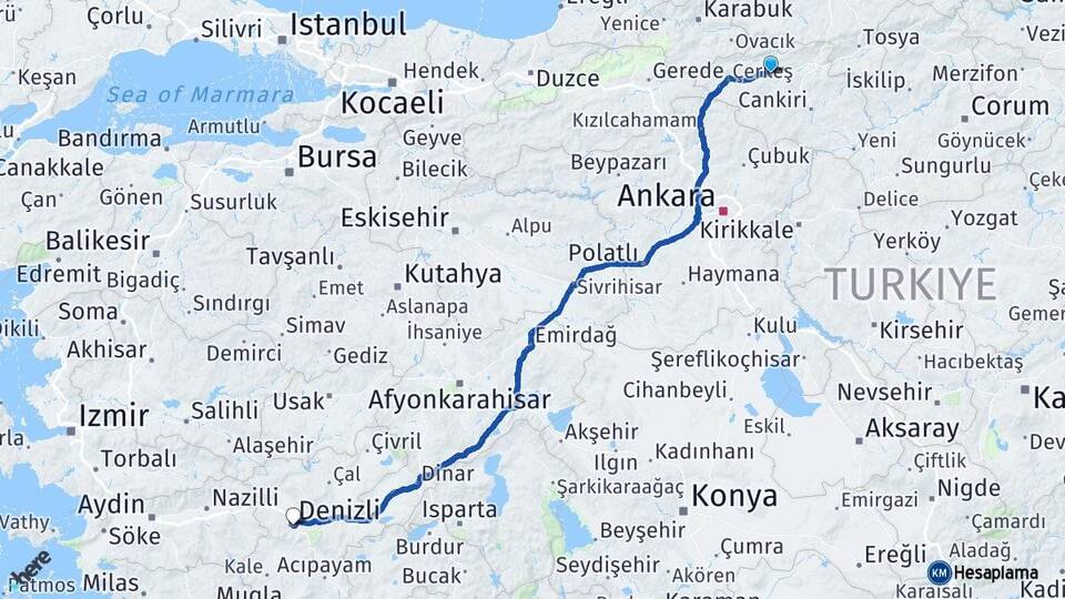 Çankırı Kurşunlu Denizli Arası Kaç Km - Yol Haritası