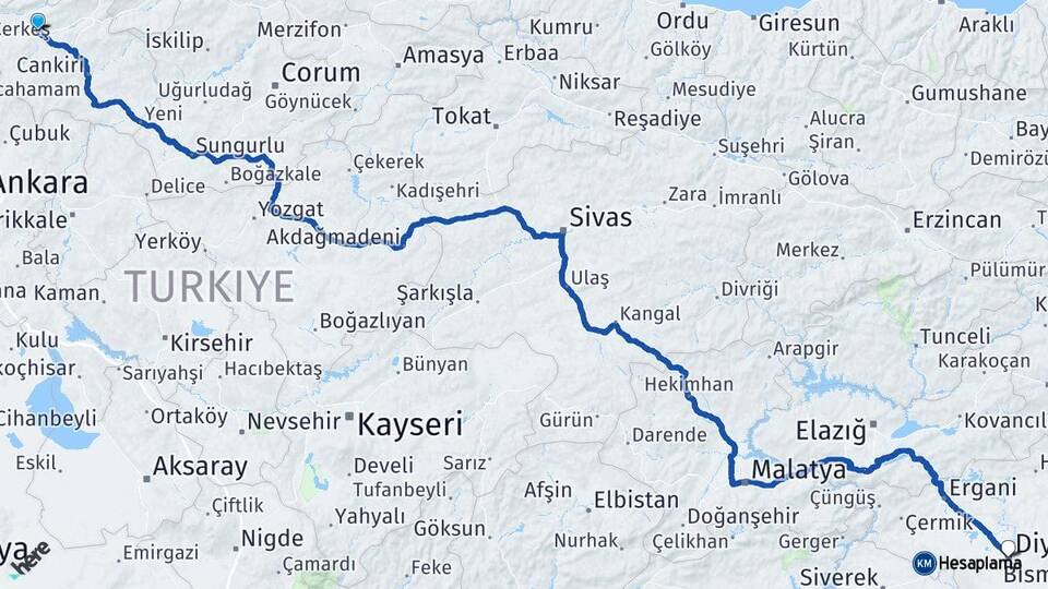 Çankırı Kurşunlu Diyarbakır Arası Kaç Km - Yol Haritası