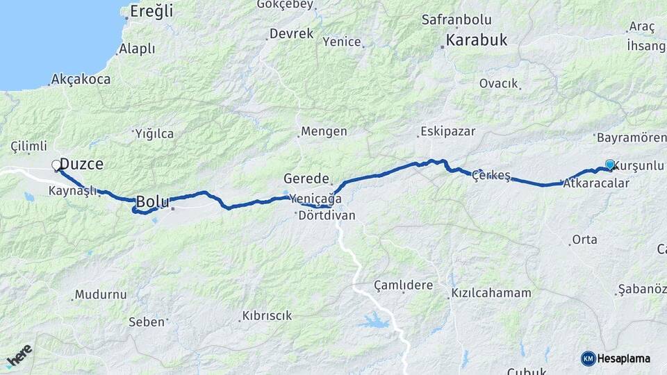 Çankırı Kurşunlu Düzce Arası Kaç Km - Yol Haritası
