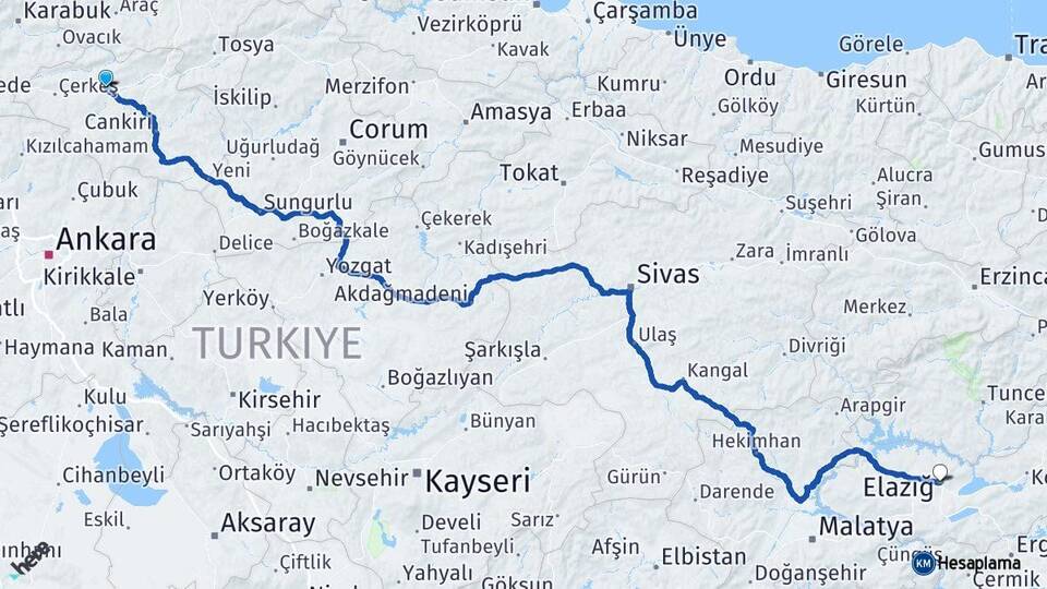 Çankırı Kurşunlu Elazığ Arası Kaç Km - Yol Haritası