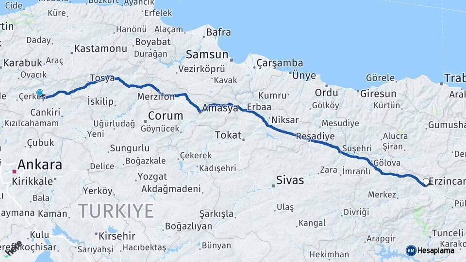 Çankırı Kurşunlu Erzincan Arası Kaç Km - Yol Haritası