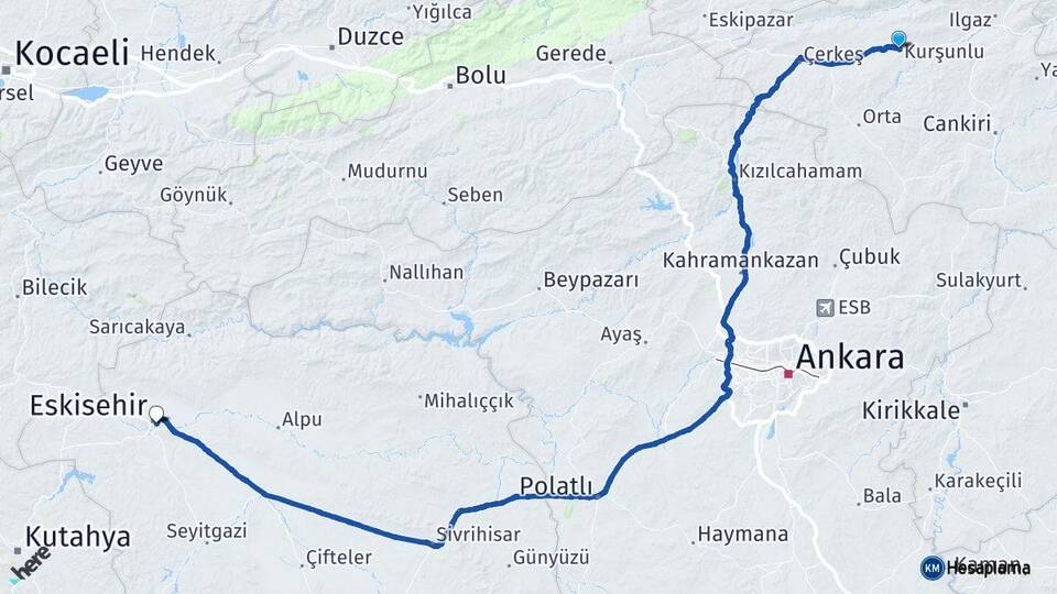 Çankırı Kurşunlu Eskişehir Arası Kaç Km - Yol Haritası