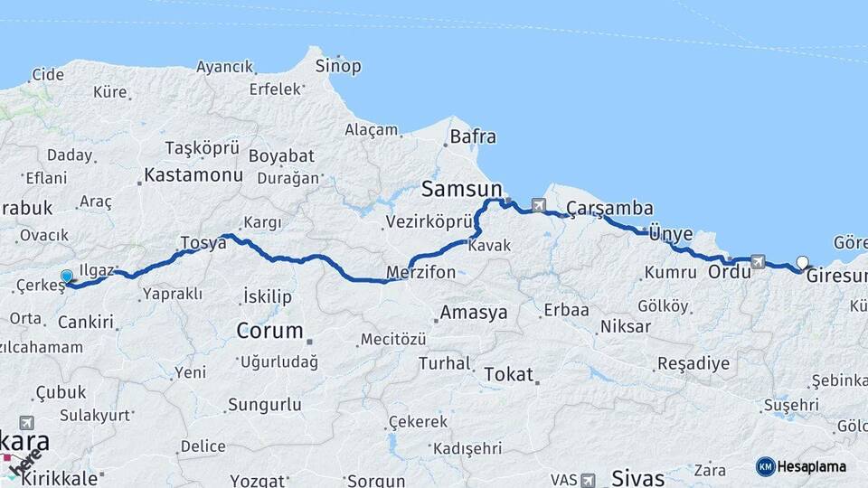 Çankırı Kurşunlu Giresun Arası Kaç Km - Yol Haritası