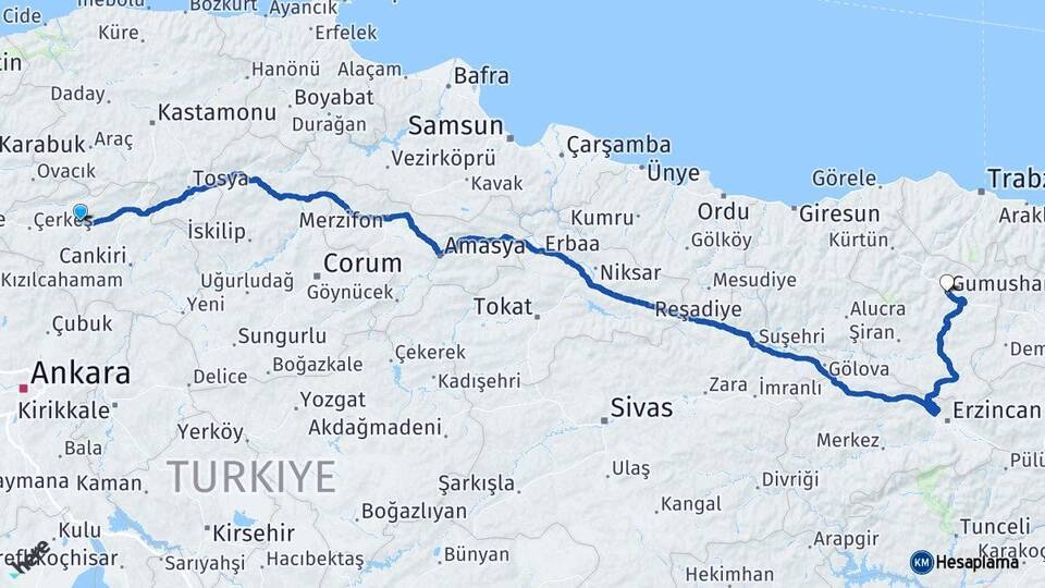 Çankırı Kurşunlu Gümüşhane Arası Kaç Km - Yol Haritası