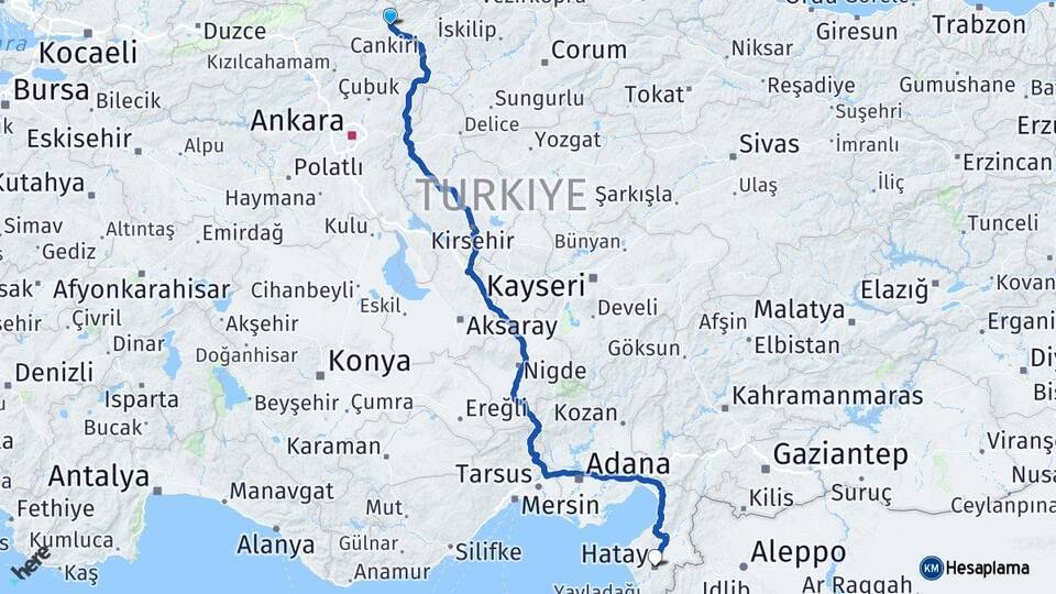 Çankırı Kurşunlu Hatay Arası Kaç Km - Yol Haritası