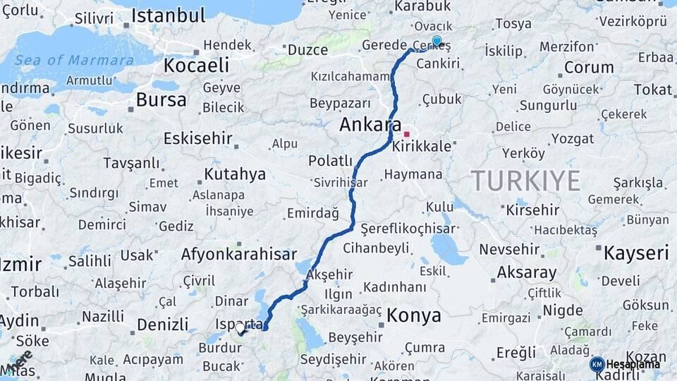 Çankırı Kurşunlu Isparta Arası Kaç Km - Yol Haritası