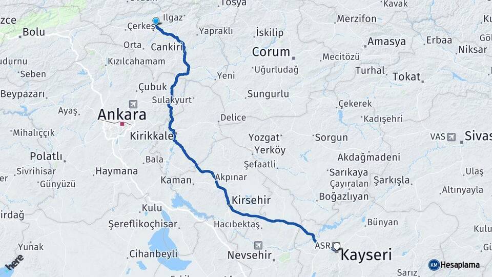 Çankırı Kurşunlu Kayseri Arası Kaç Km - Yol Haritası