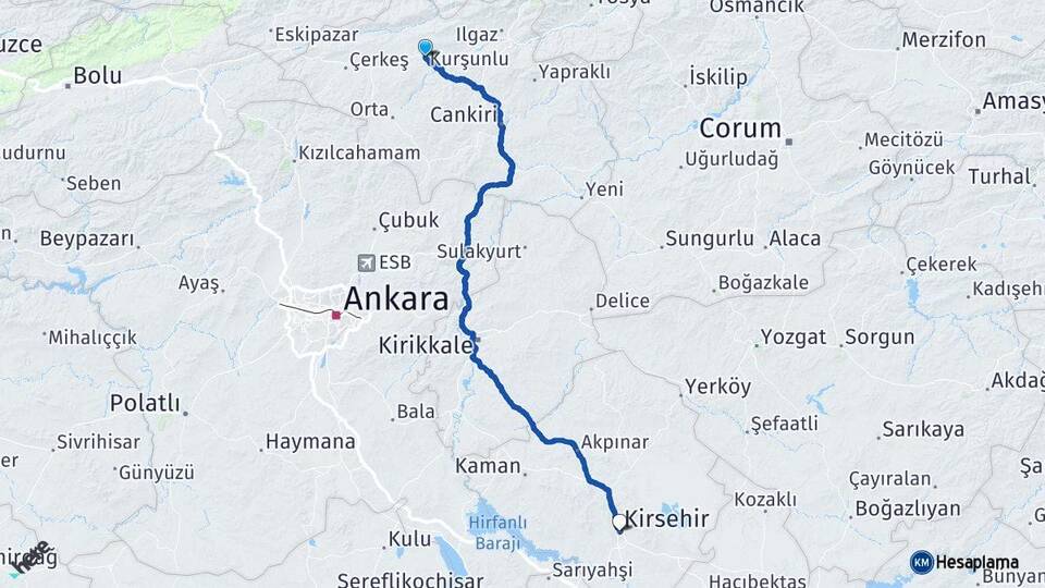 Çankırı Kurşunlu Kırşehir Arası Kaç Km - Yol Haritası