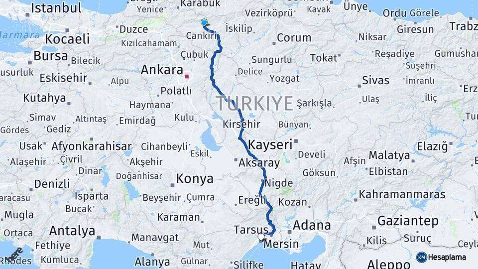 Çankırı Kurşunlu Mersin Arası Kaç Km - Yol Haritası