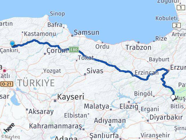 Çankırı Kurşunlu Muş Arası Kaç Km - Yol Haritası