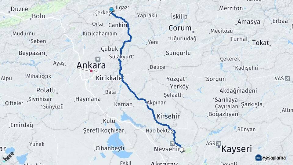 Çankırı Kurşunlu Nevşehir Arası Kaç Km - Yol Haritası