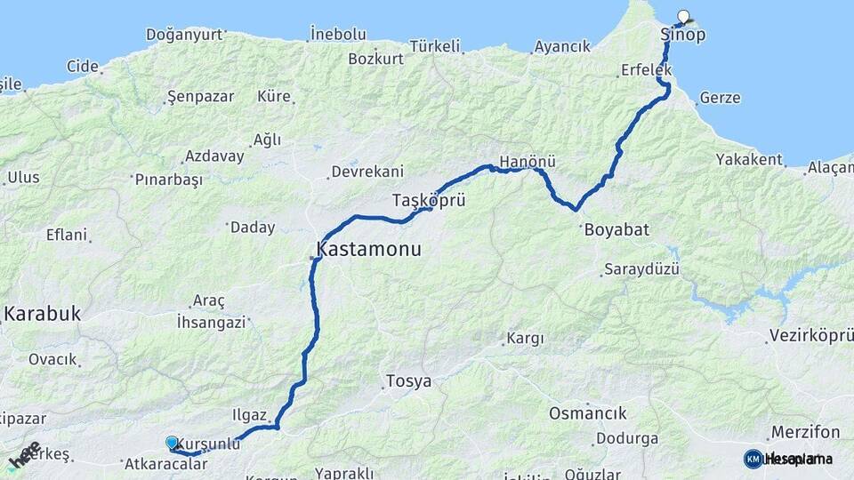 Çankırı Kurşunlu Sinop Arası Kaç Km - Yol Haritası