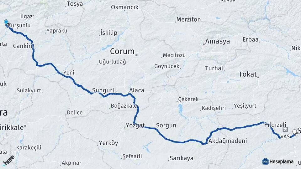 Çankırı Kurşunlu Sivas Arası Kaç Km - Yol Haritası