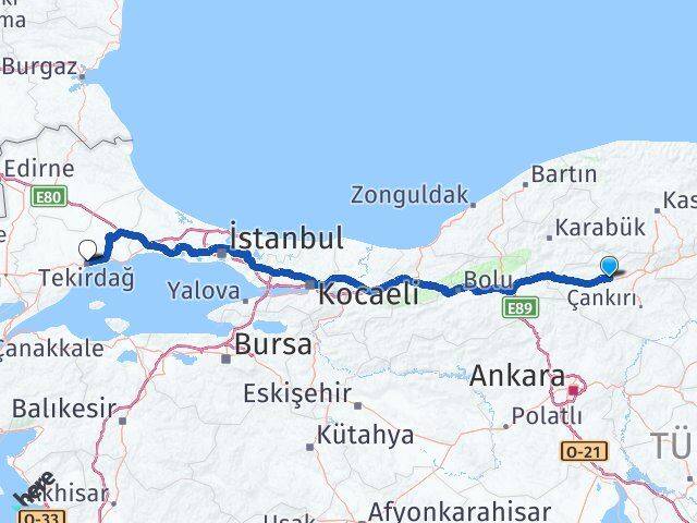 Çankırı Kurşunlu Tekirdağ Arası Kaç Km - Yol Haritası
