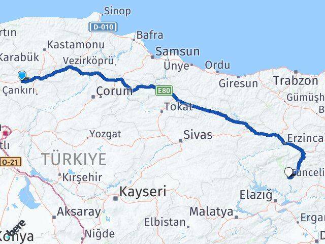 Çankırı Kurşunlu Tunceli Arası Kaç Km - Yol Haritası
