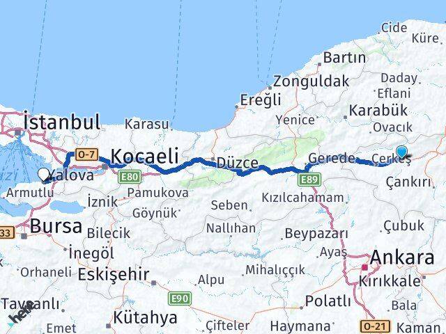 Çankırı Kurşunlu Yalova Arası Kaç Km - Yol Haritası