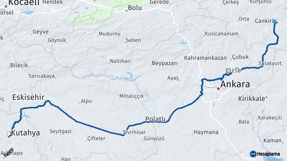 Çankırı Kütahya Arası Kaç Km - Yol Haritası