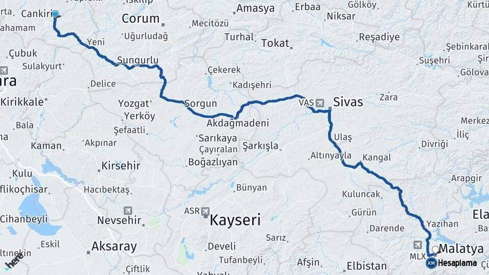 Çankırı Malatya Arası Kaç Km - Yol Haritası