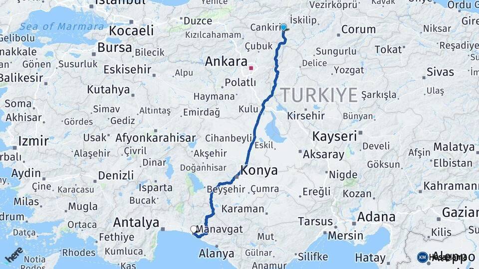 Çankırı Manavgat Antalya Arası Kaç Km - Yol Haritası