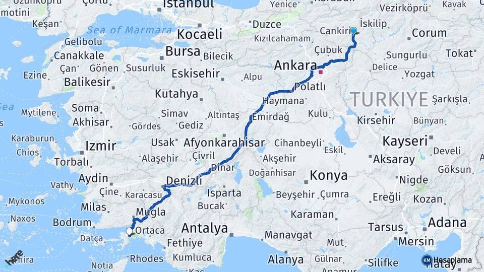Çankırı Marmaris Muğla Arası Kaç Km - Yol Haritası