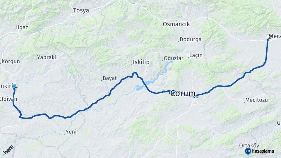 Çankırı Merzifon Amasya Arası Kaç Km - Yol Haritası