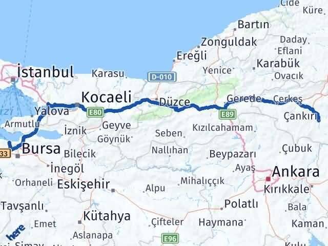 Çankırı Mudanya Bursa Arası Kaç Km - Yol Haritası