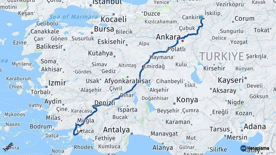 Çankırı Muğla Arası Kaç Km - Yol Haritası