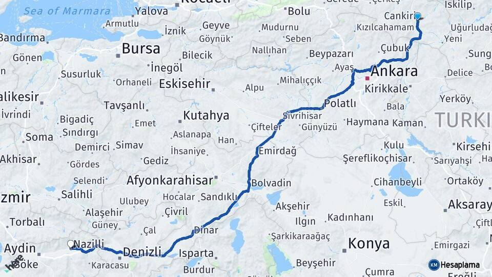 Çankırı Nazilli Aydın Arası Kaç Km - Yol Haritası