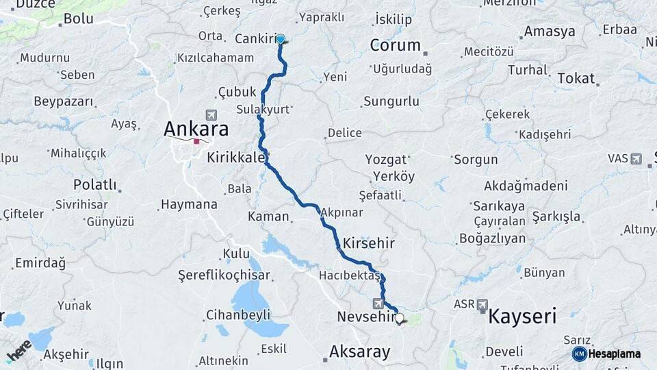 Çankırı Nevşehir Arası Kaç Km - Yol Haritası