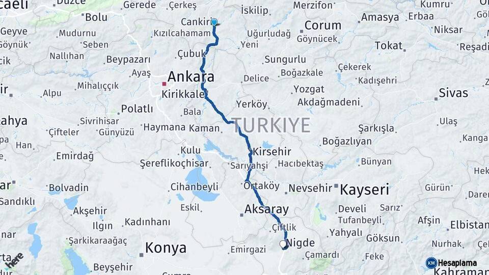Çankırı Niğde Arası Kaç Km - Yol Haritası