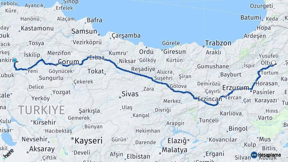 Çankırı Oltu Erzurum Arası Kaç Km - Yol Haritası