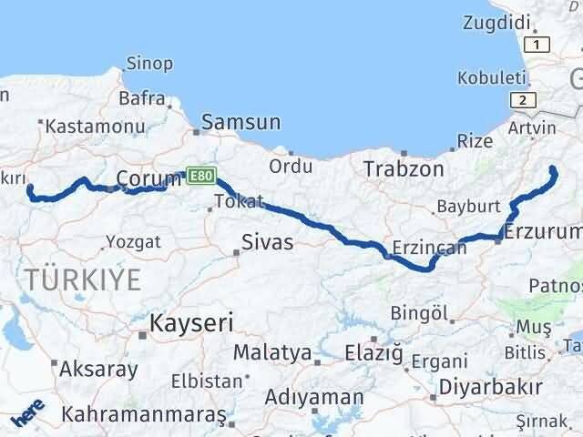 Çankırı Olur Erzurum Arası Kaç Km - Yol Haritası