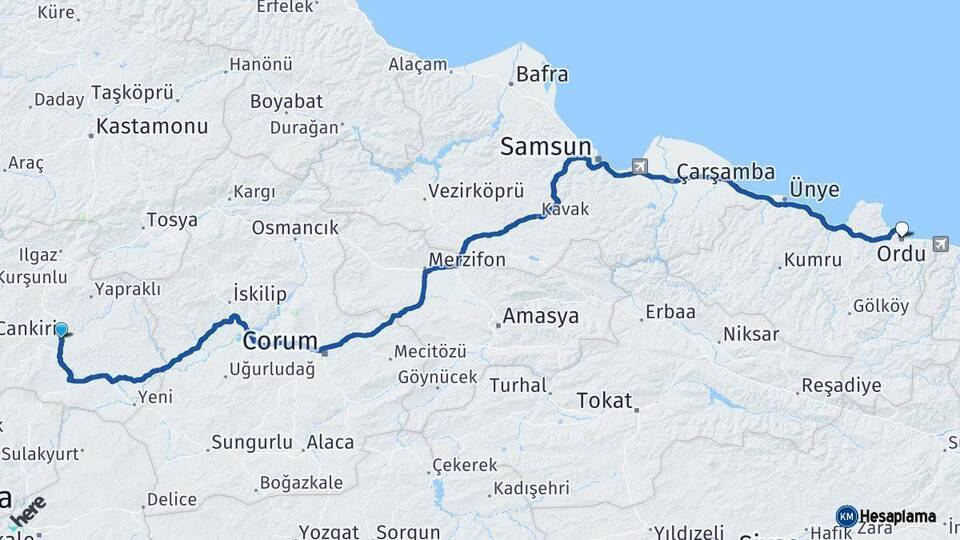 Çankırı Ordu Arası Kaç Km - Yol Haritası