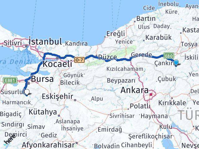 Çankırı Orhaneli Bursa Arası Kaç Km - Yol Haritası