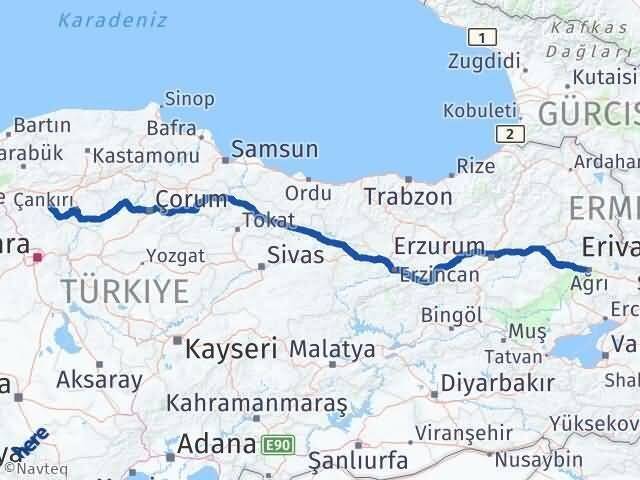 Çankırı Orta Ağrı Arası Kaç Km - Yol Haritası