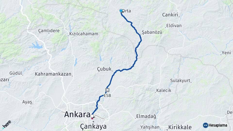 Çankırı Orta Ankara Arası Kaç Km - Yol Haritası