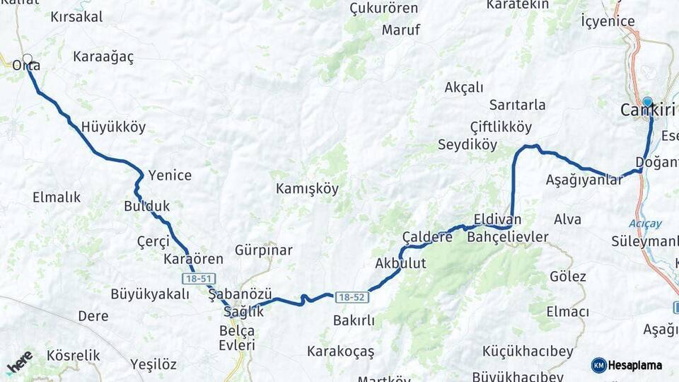 Çankırı Orta Arası Kaç Km - Yol Haritası