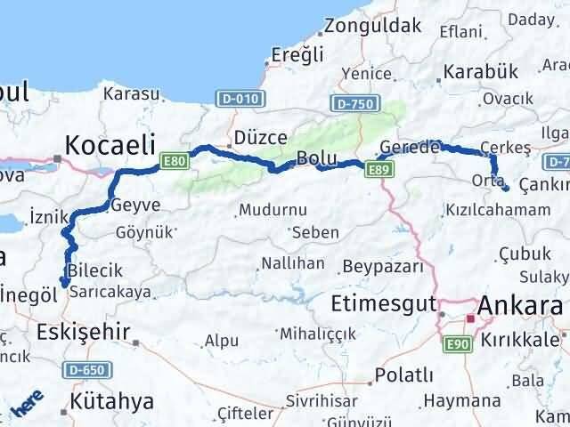 Çankırı Orta Bilecik Arası Kaç Km - Yol Haritası