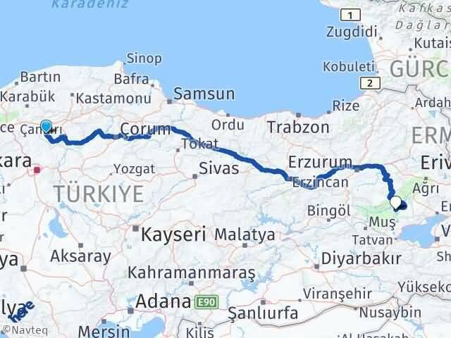 Çankırı Orta Bulanık Muş Arası Kaç Km - Yol Haritası