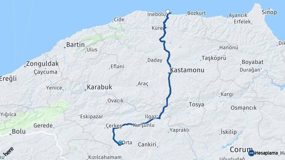Çankırı Orta İnebolu Kastamonu Arası Kaç Km - Yol Haritası