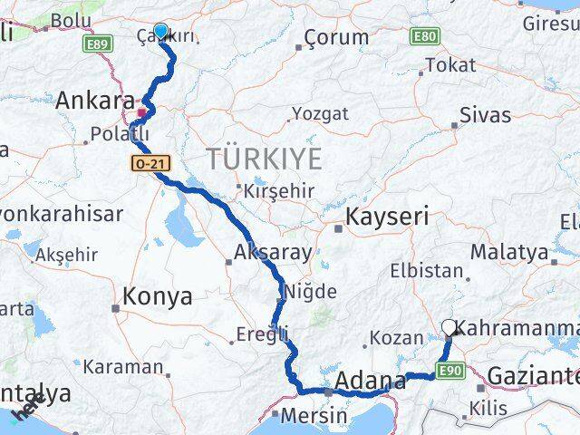 Çankırı Orta Kahramanmaraş Arası Kaç Km - Yol Haritası