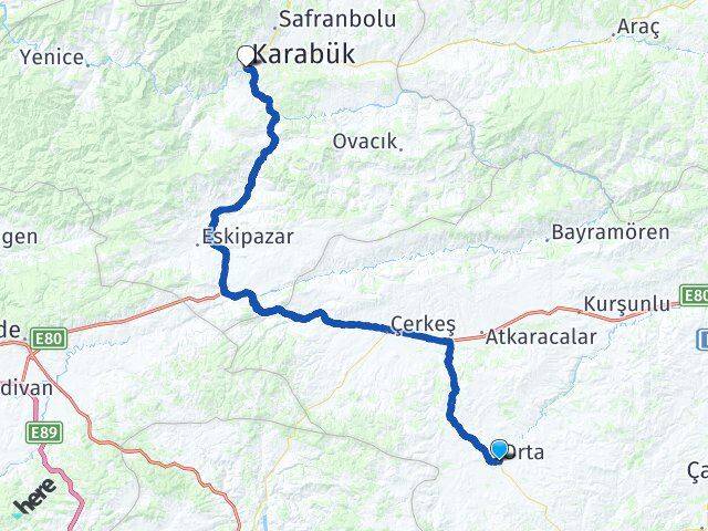 Çankırı Orta Karabük Arası Kaç Km - Yol Haritası
