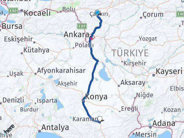 Çankırı Orta Karaman Arası Kaç Km - Yol Haritası