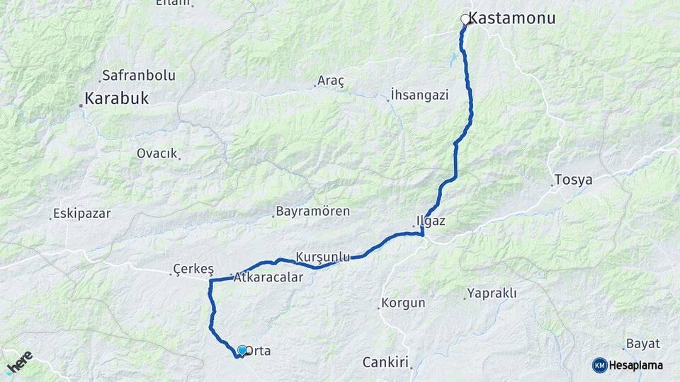 Çankırı Orta Kastamonu Arası Kaç Km - Yol Haritası